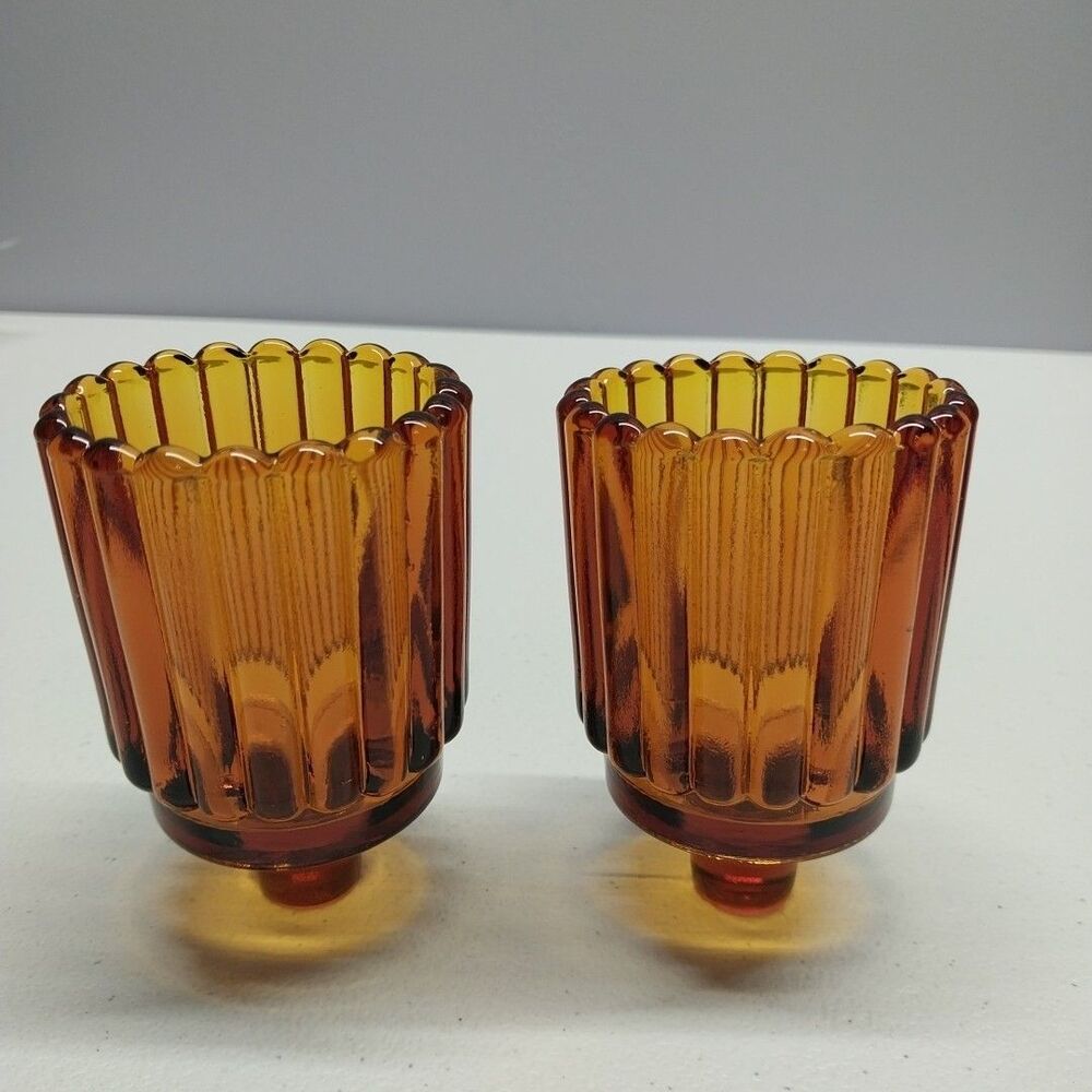 Vintage Dark Amber Ribbed Glass Votive Cup Candle Holders Set Scalloped Rim
